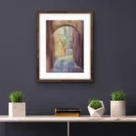Watercolor painting of Bologna in the soft light of early morning, beautifully framed above the shelf, creating a calming atmosphere.