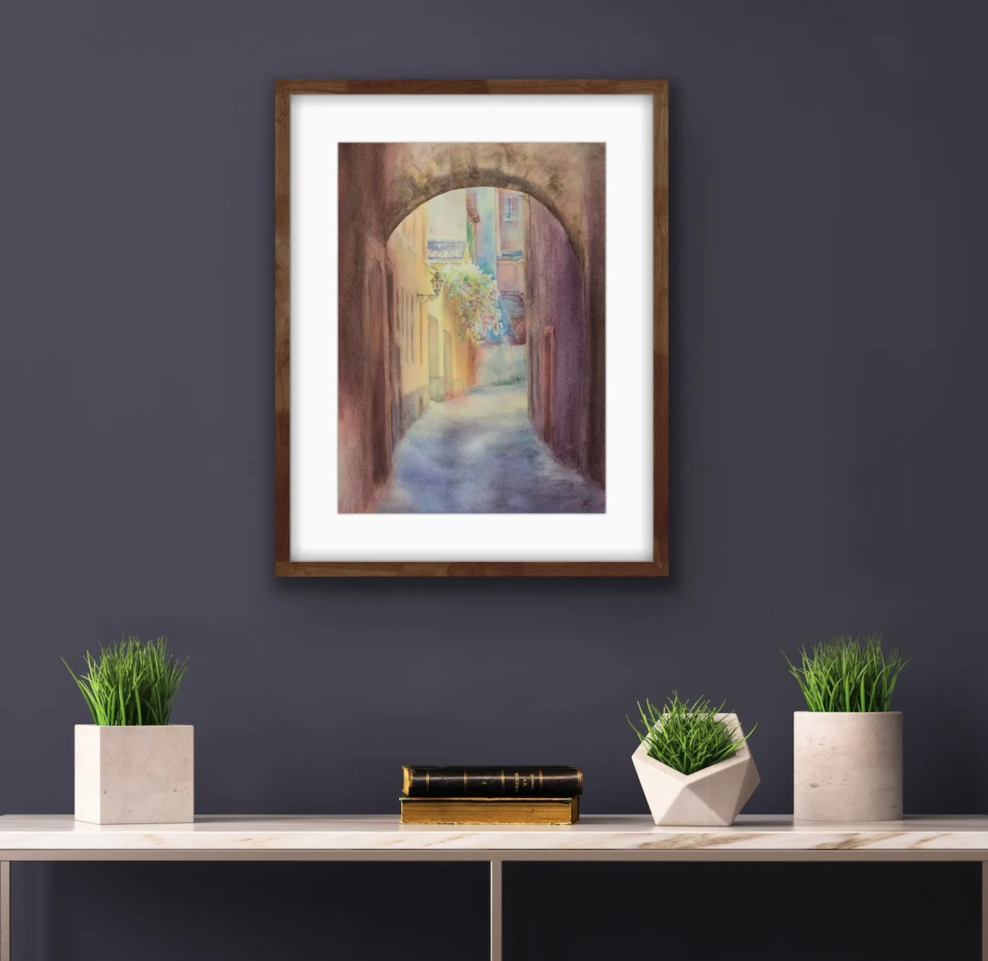 Watercolor painting of Bologna in the soft light of early morning, beautifully framed above the shelf, creating a calming atmosphere.