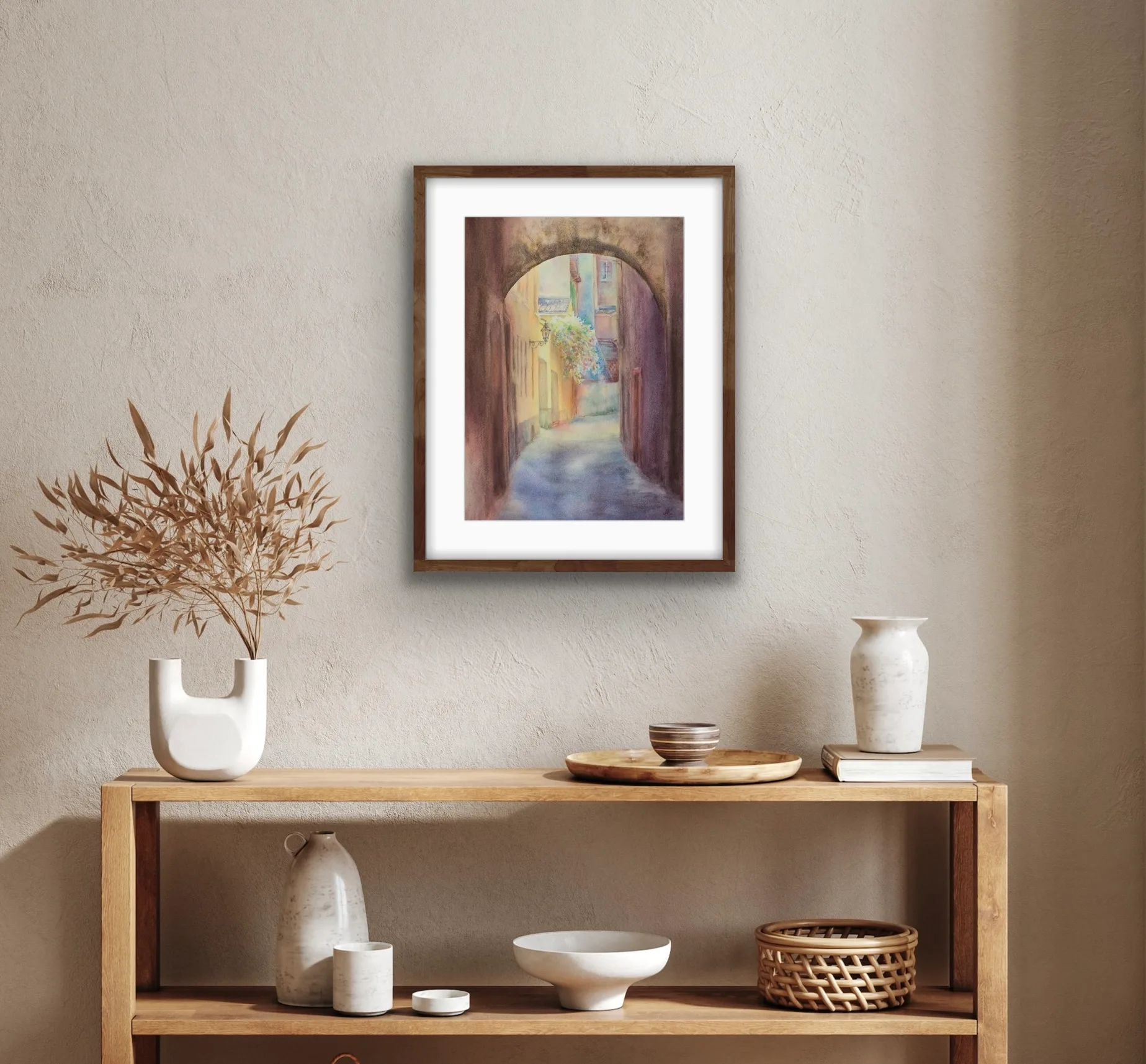 Soft light and tranquil cityscape of Bologna displayed in a kitchen, offering a peaceful, welcoming atmosphere in this watercolor art piece.