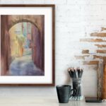 Displayed on the wall, this watercolor cityscape of Bologna evokes the peacefulness of early morning in an architectural masterpiece.