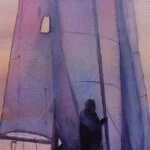 Close-up of the yacht’s sail in the "Calmness" watercolor painting, showcasing sunset scene in peaceful nautical wall art.