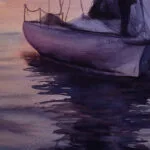 Detailed view of the sailboat’s reflection on calm sunset water in the "Calmness" original seascape painting—coastal decor inspiration.