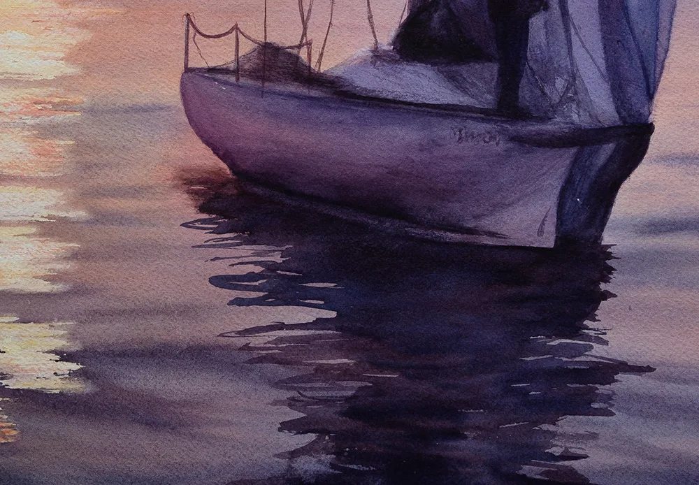 Detailed view of the sailboat’s reflection on calm sunset water in the "Calmness" original seascape painting—coastal decor inspiration.