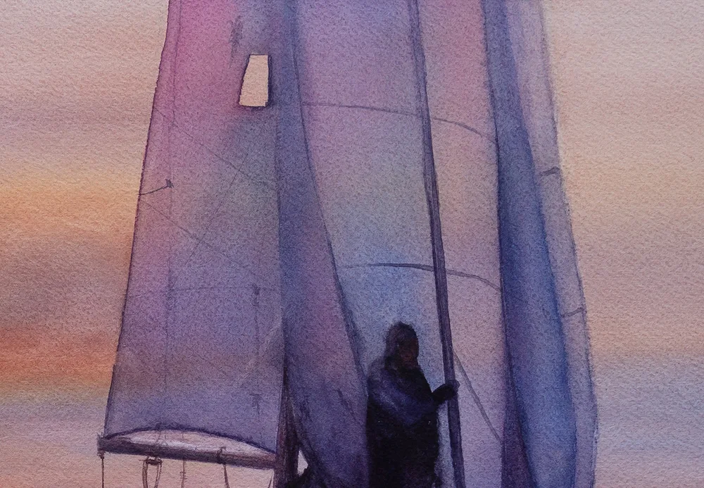 Close-up of the yacht’s sail in the "Calmness" watercolor painting, showcasing sunset scene in peaceful nautical wall art.