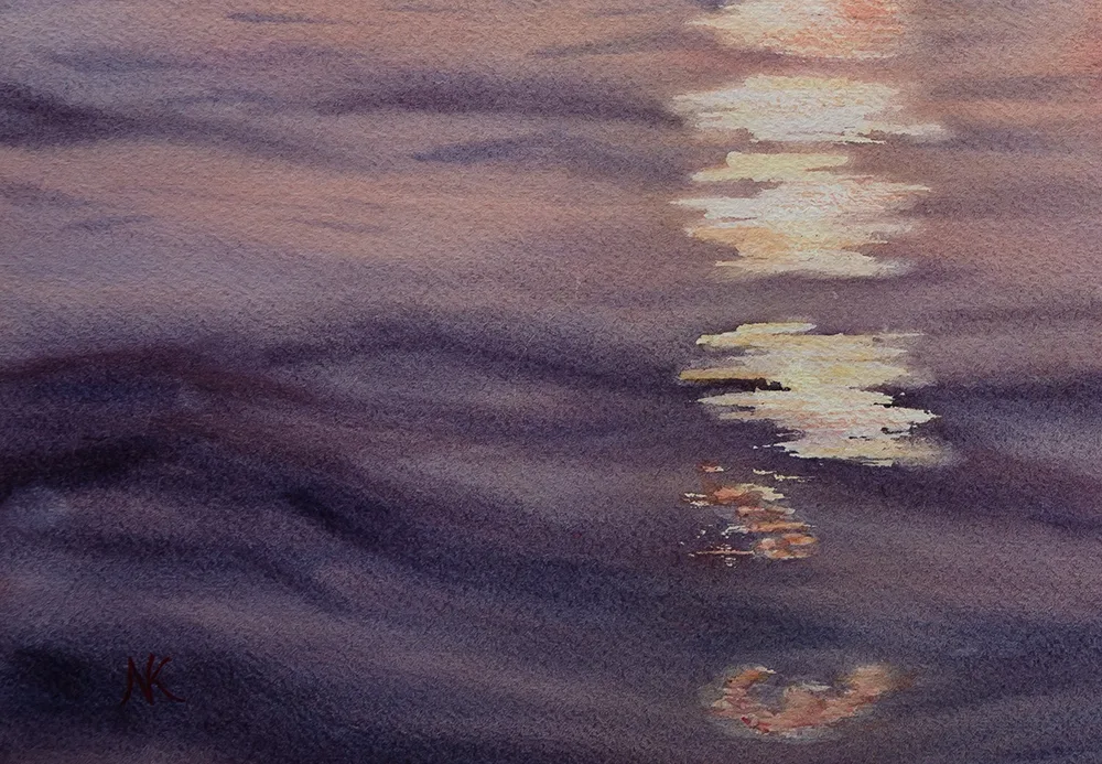 Kateryna Nazarenko’s signature on the "Calmness" original watercolor sailboat on sunset painting, authentic nautical wall art.