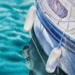 Detailed view of the "Summer Memories" watercolor painting, showcasing the yacht on calm green waters with gentle waves and a tranquil sea.
