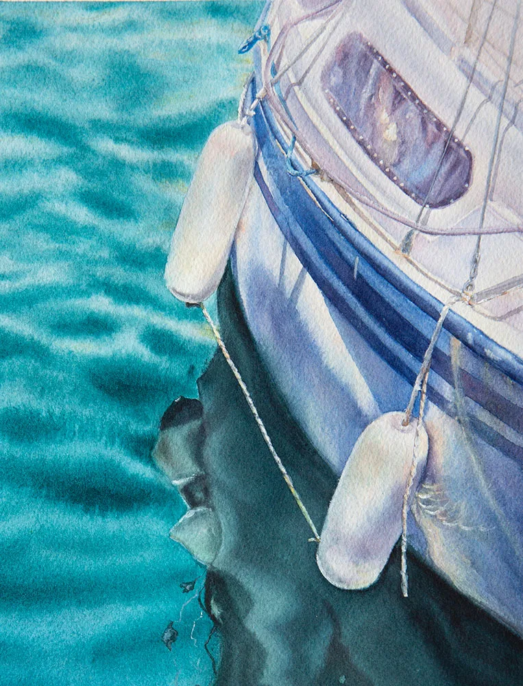 Detailed view of the "Summer Memories" watercolor painting, showcasing the yacht on calm green waters with gentle waves and a tranquil sea.