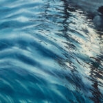 Detailed view of the soft blue waves and gentle reflections in ‘Beginning,’ highlighting the painting’s peaceful atmosphere.