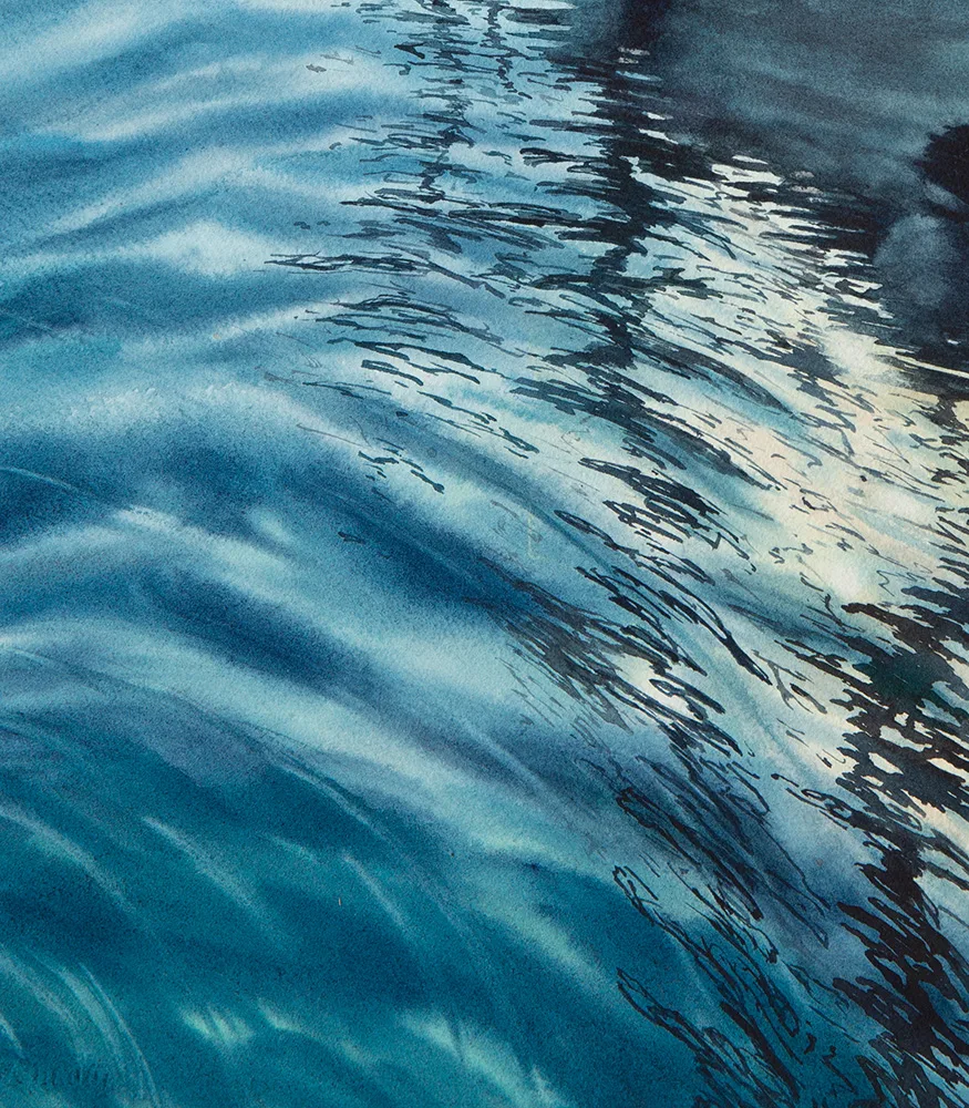 Detailed view of the soft blue waves and gentle reflections in ‘Beginning,’ highlighting the painting’s peaceful atmosphere.