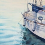 Close-up of the yacht in ‘Beginning,’ with sunlight streaming through and reflecting on the calm ocean.