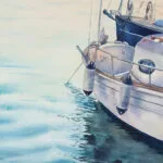 Close-up of the yacht in ‘Beginning,’ with sunlight streaming through and reflecting on the calm ocean.