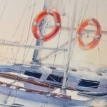 Close-up of the yacht in ‘Beginning,’ highlighting the delicate watercolor details and the soft blending of light and shadow on the boat.