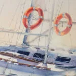 Close-up of the yacht in ‘Beginning,’ highlighting the delicate watercolor details and the soft blending of light and shadow on the boat.