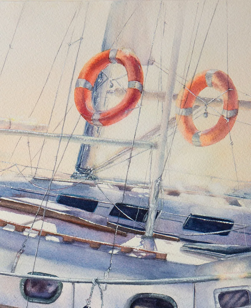 Close-up of the yacht in ‘Beginning,’ highlighting the delicate watercolor details and the soft blending of light and shadow on the boat.