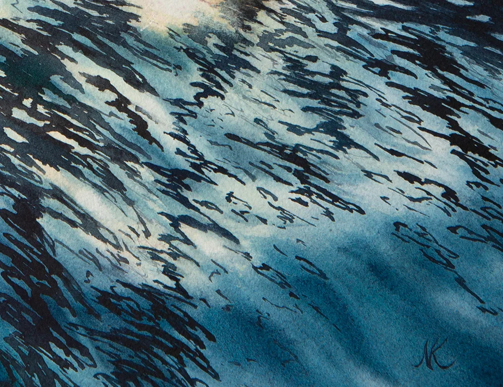 Artist Kateryna Nazarenko’s signature on ‘Beginning,’ subtly placed in the corner of the watercolor painting.
