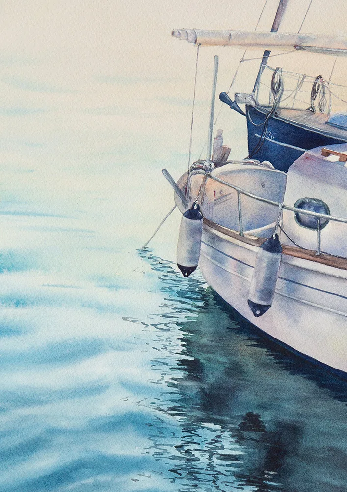 Close-up of the yacht in ‘Beginning,’ with sunlight streaming through and reflecting on the calm ocean.