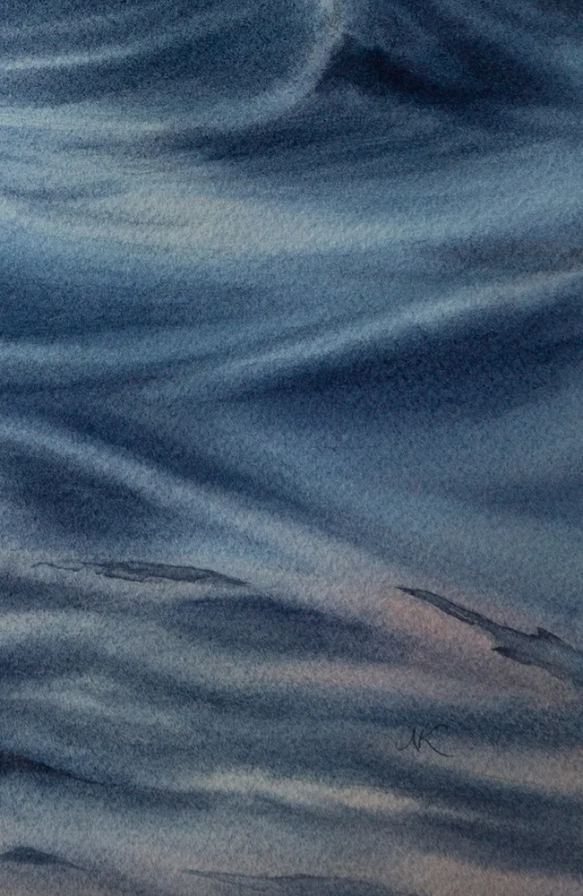Signature of Kateryna Nazarenko on "Evening Mood," a watercolor seascape evoking the calming evening ocean