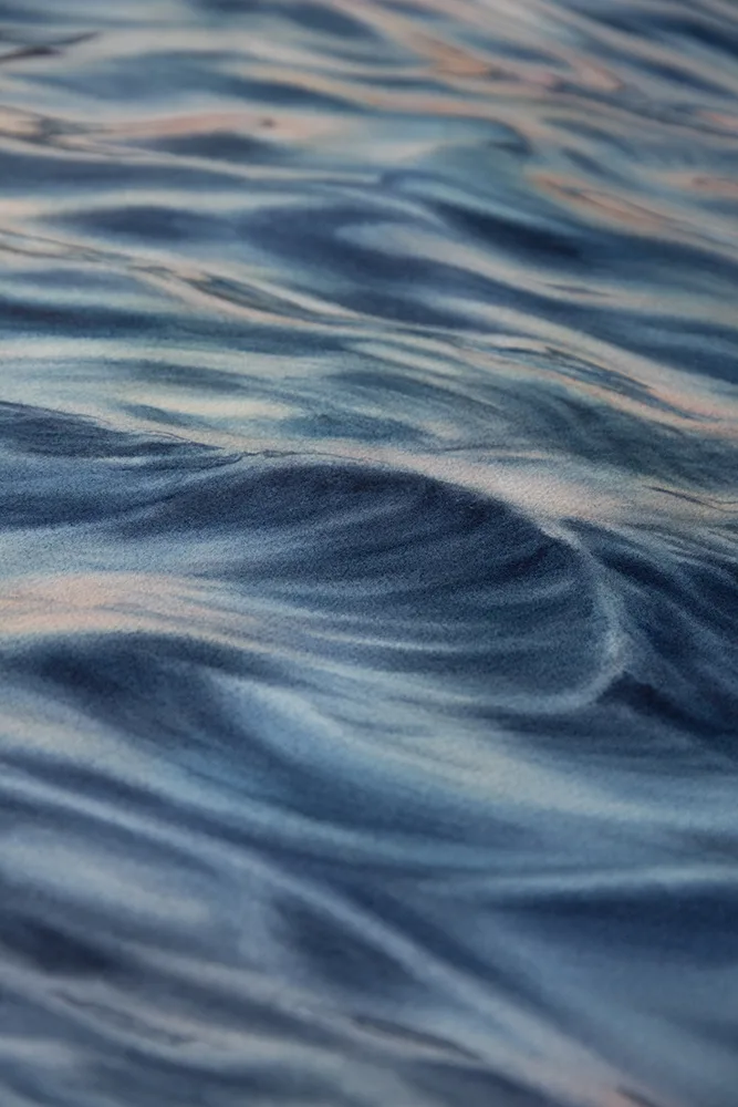 Closeup of the swirling water details in 'Evening Mood,' emphasizing the expressive fluidity of the waves in serene blue and gray shades.