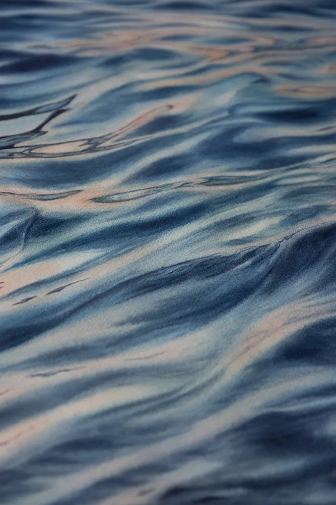 Zoomed-in view of the soft, flowing waves in 'Evening Mood,' where watercolor techniques create a mysterious and calming atmosphere.