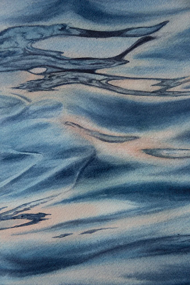 Close-up of the gentle swirls on the ocean’s surface in "Evening Mood," capturing the peaceful and calming atmosphere of the seascape