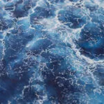 Closeup of the powerful waves and foam in ‘Deep Blue Sea’ abstract ocean painting, showcasing the intricate texture and depth of the ocean scene.