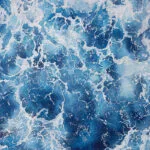 Closeup of foam and dynamic waves in ‘Deep Blue Sea’ abstract ocean painting, highlighting the rich blue hues and texture details.