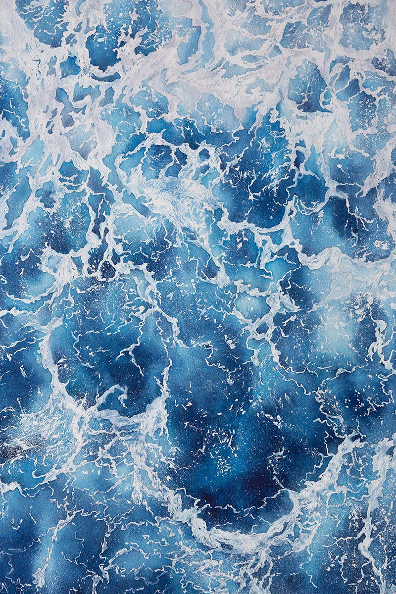 Closeup of foam and dynamic waves in ‘Deep Blue Sea’ abstract ocean painting, highlighting the rich blue hues and texture details.