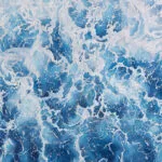 Close-up of the abstract ocean waves and foam in ‘Deep Blue Sea’ painting, highlighting the movement and dynamic texture.