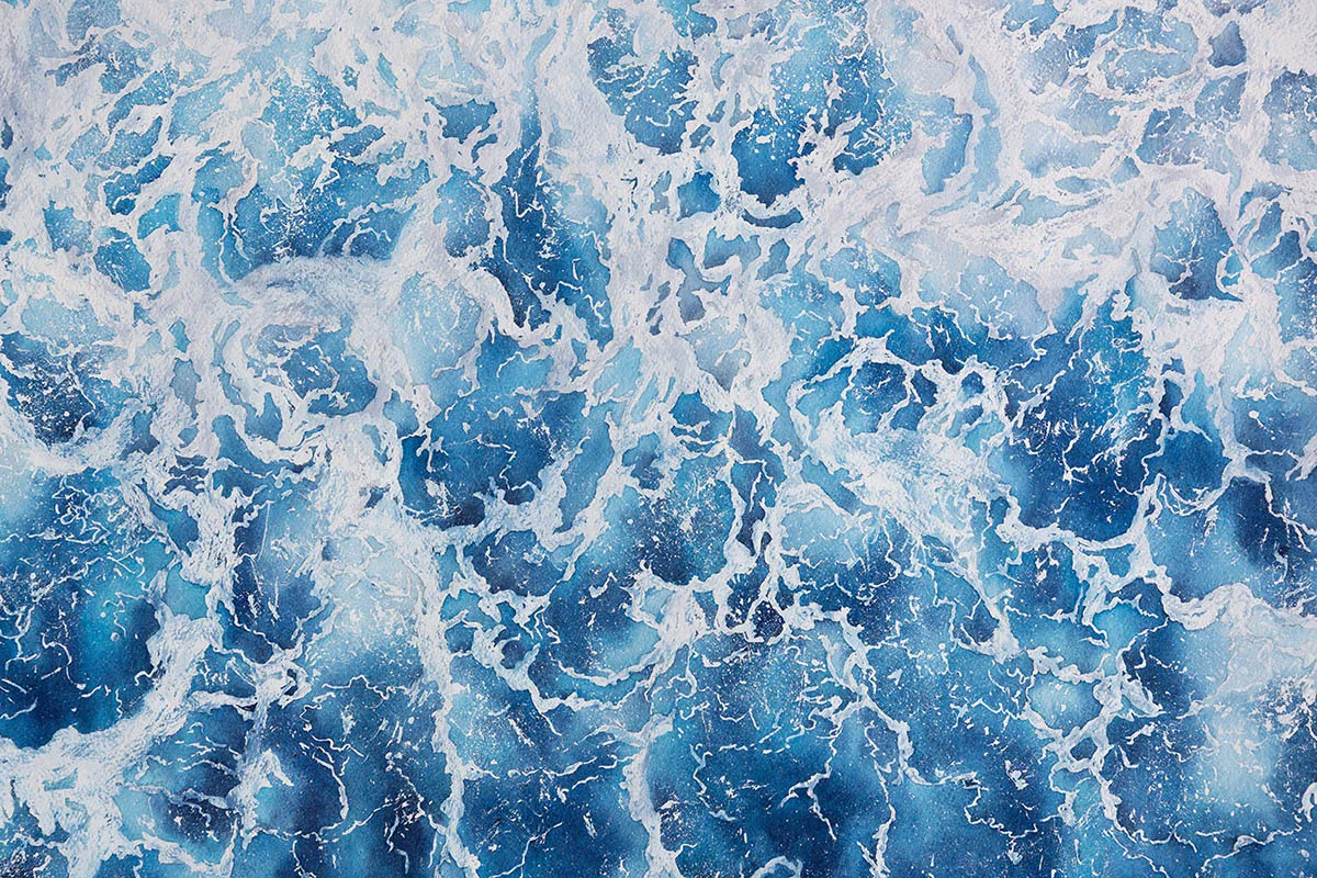 Close-up of the abstract ocean waves and foam in ‘Deep Blue Sea’ painting, highlighting the movement and dynamic texture.