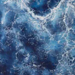 Kateryna Nazarenko’s signature on ‘Deep Blue Sea,’ an abstract watercolor seascape with ocean waves and foam details.