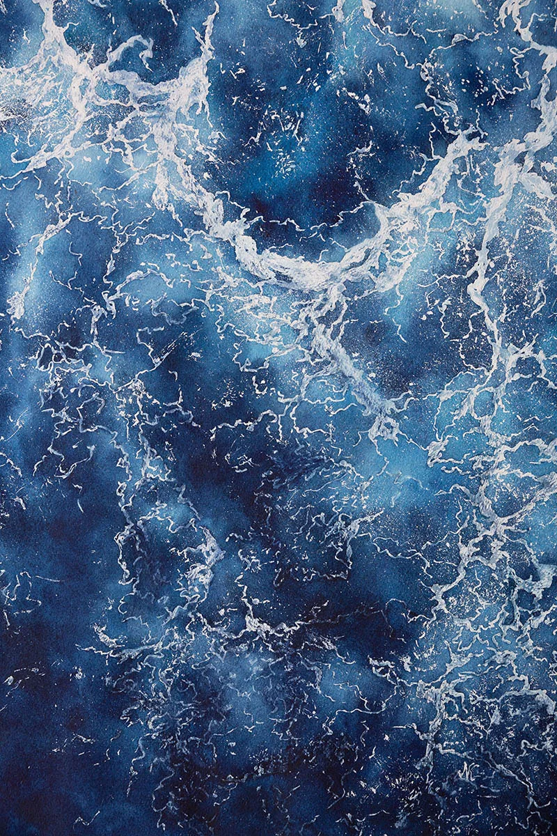 Kateryna Nazarenko’s signature on ‘Deep Blue Sea,’ an abstract watercolor seascape with ocean waves and foam details.