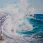 Close-up of detailed crashing wave in ‘Breaking Wave,’ showcasing vibrant blue tones and splashes.