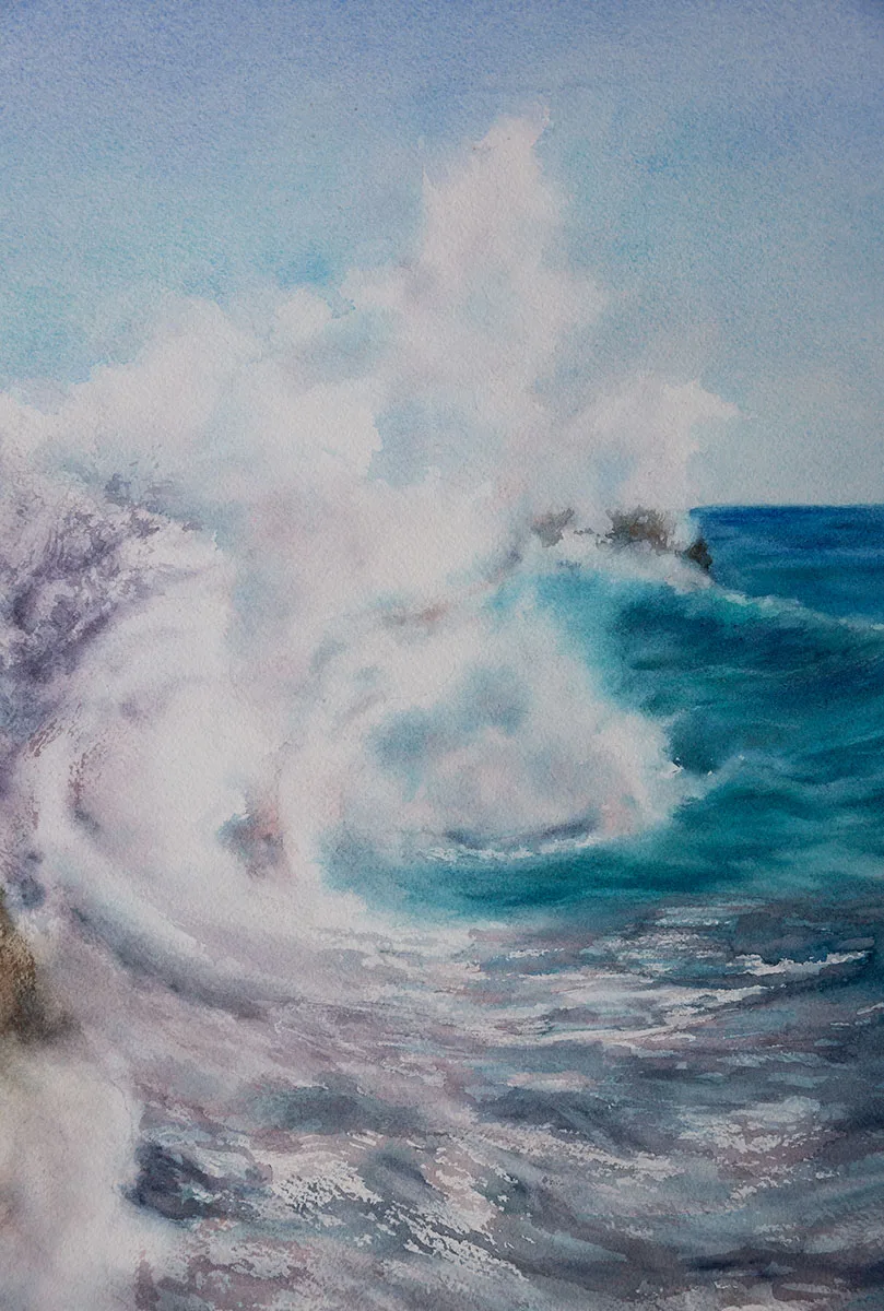 Close-up of detailed crashing wave in ‘Breaking Wave,’ showcasing vibrant blue tones and splashes.