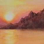 Close-up of the glowing orange and yellow sunset tones in 'Sunset on the Corsica Coast,' highlighting the soft watercolor texture.