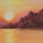 Close-up of the glowing orange and yellow sunset tones in 'Sunset on the Corsica Coast,' highlighting the soft watercolor texture.