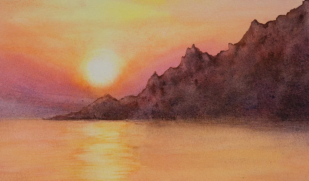 Close-up of the glowing orange and yellow sunset tones in 'Sunset on the Corsica Coast,' highlighting the soft watercolor texture.