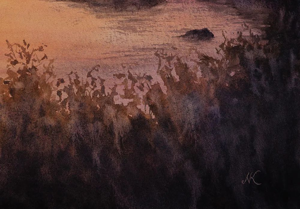 Kateryna Nazarenko's signature on her watercolor painting 'Sunset on the Corsica Coast,' ensuring authenticity.