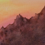 Detailed view of the distant Corsican mountains at sunset in 'Sunset on the Corsica Coast,' highlighting their soft silhouette and warm orange tones against the Mediterranean sky.