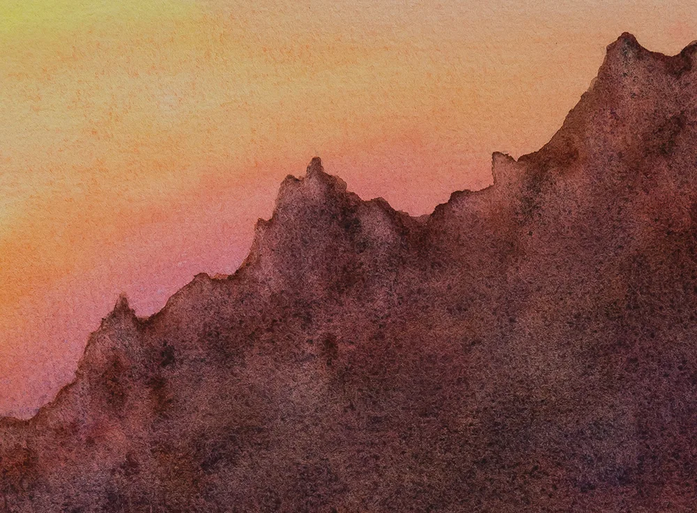 Detailed view of the distant Corsican mountains at sunset in 'Sunset on the Corsica Coast,' highlighting their soft silhouette and warm orange tones against the Mediterranean sky.