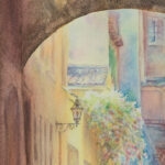 Detailed close-up of an arched entrance in Bologna, capturing the soft morning light and delicate textures in this watercolor painting.