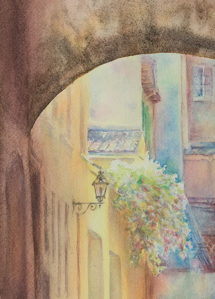 Detailed close-up of an arched entrance in Bologna, capturing the soft morning light and delicate textures in this watercolor painting.