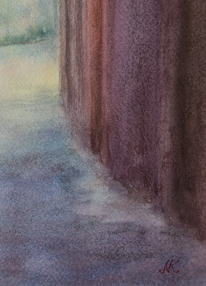 Artist's signature on the watercolor painting 'Early Morning in Bologna,' adding a personal touch to this serene Italian cityscape. The signature is located at the bottom corner, subtly enhancing the authenticity and uniqueness of the artwork.