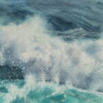 Detailed view of the dramatic wave crest in ‘Storm,’ showcasing expressive watercolor textures.