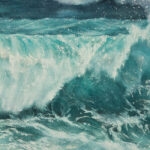 Closeup of crashing ocean waves in ‘Storm,’ highlighting dynamic brushstrokes and rich blue tones.