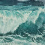 Closeup of crashing ocean waves in ‘Storm,’ highlighting dynamic brushstrokes and rich blue tones.