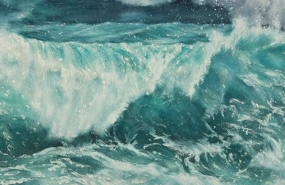 Closeup of crashing ocean waves in ‘Storm,’ highlighting dynamic brushstrokes and rich blue tones.