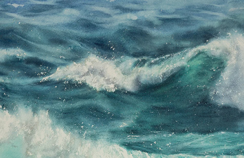 Vivid details of the turbulent ocean surface in ‘Storm,’ emphasizing movement and energy.