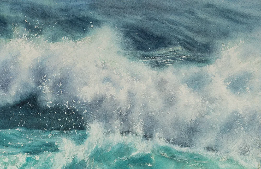 Detailed view of the dramatic wave crest in ‘Storm,’ showcasing expressive watercolor textures.