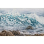 Original watercolor painting of ocean waves in calming shades of blue, capturing the serene motion of the sea. Seascape artwork by Kateryna Nazarenko.
