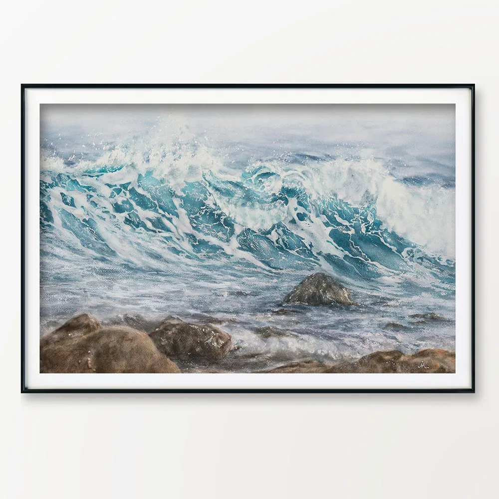Original watercolor ocean wave painting, framed on the wall. Featuring serene blue hues, this tranquil seascape adds a calming, coastal touch to any room.